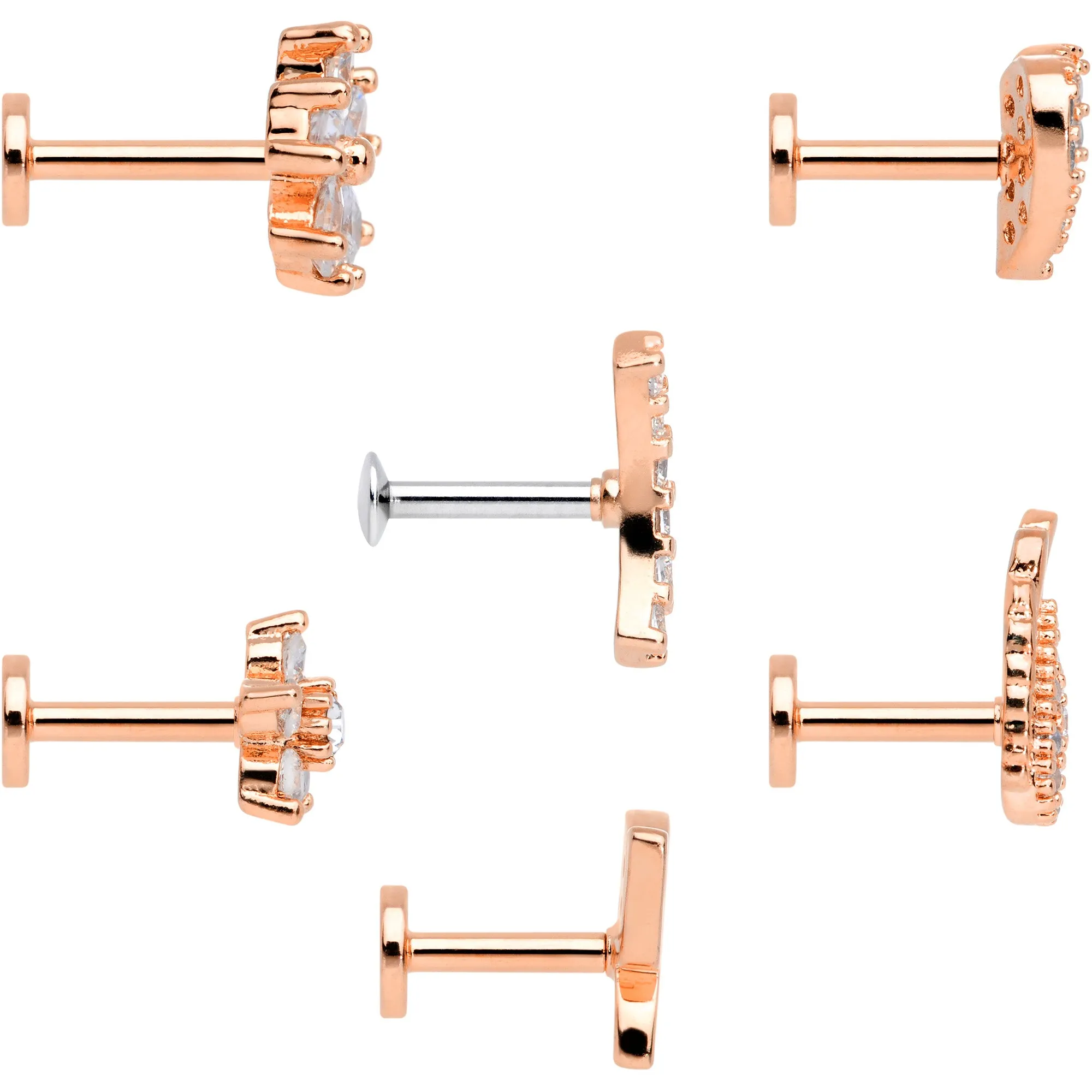16 Gauge 1/4 CZ Rose Gold Tone Internal Thread Labret Tragus Set of 6