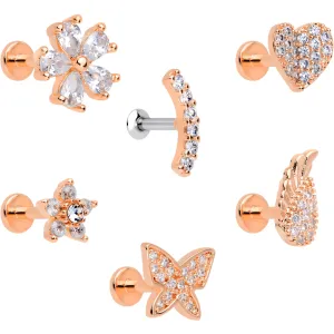 16 Gauge 1/4 CZ Rose Gold Tone Internal Thread Labret Tragus Set of 6