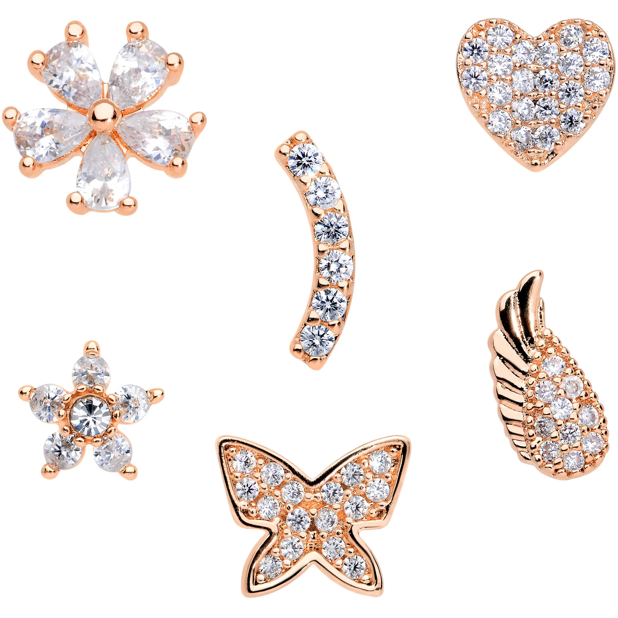 16 Gauge 1/4 CZ Rose Gold Tone Internal Thread Labret Tragus Set of 6