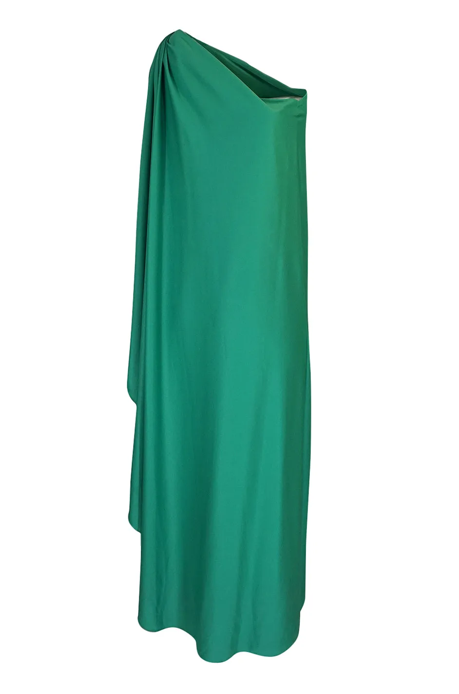 1970s Halston One Shoulder Green Draped Jersey Dress