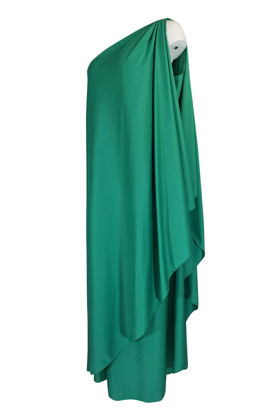 1970s Halston One Shoulder Green Draped Jersey Dress