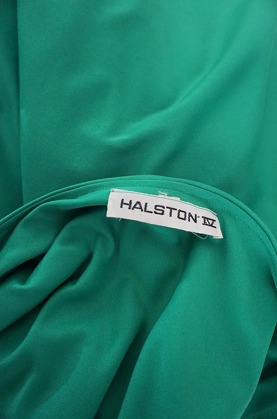 1970s Halston One Shoulder Green Draped Jersey Dress