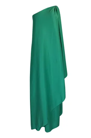 1970s Halston One Shoulder Green Draped Jersey Dress