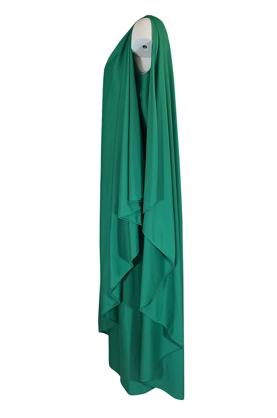1970s Halston One Shoulder Green Draped Jersey Dress