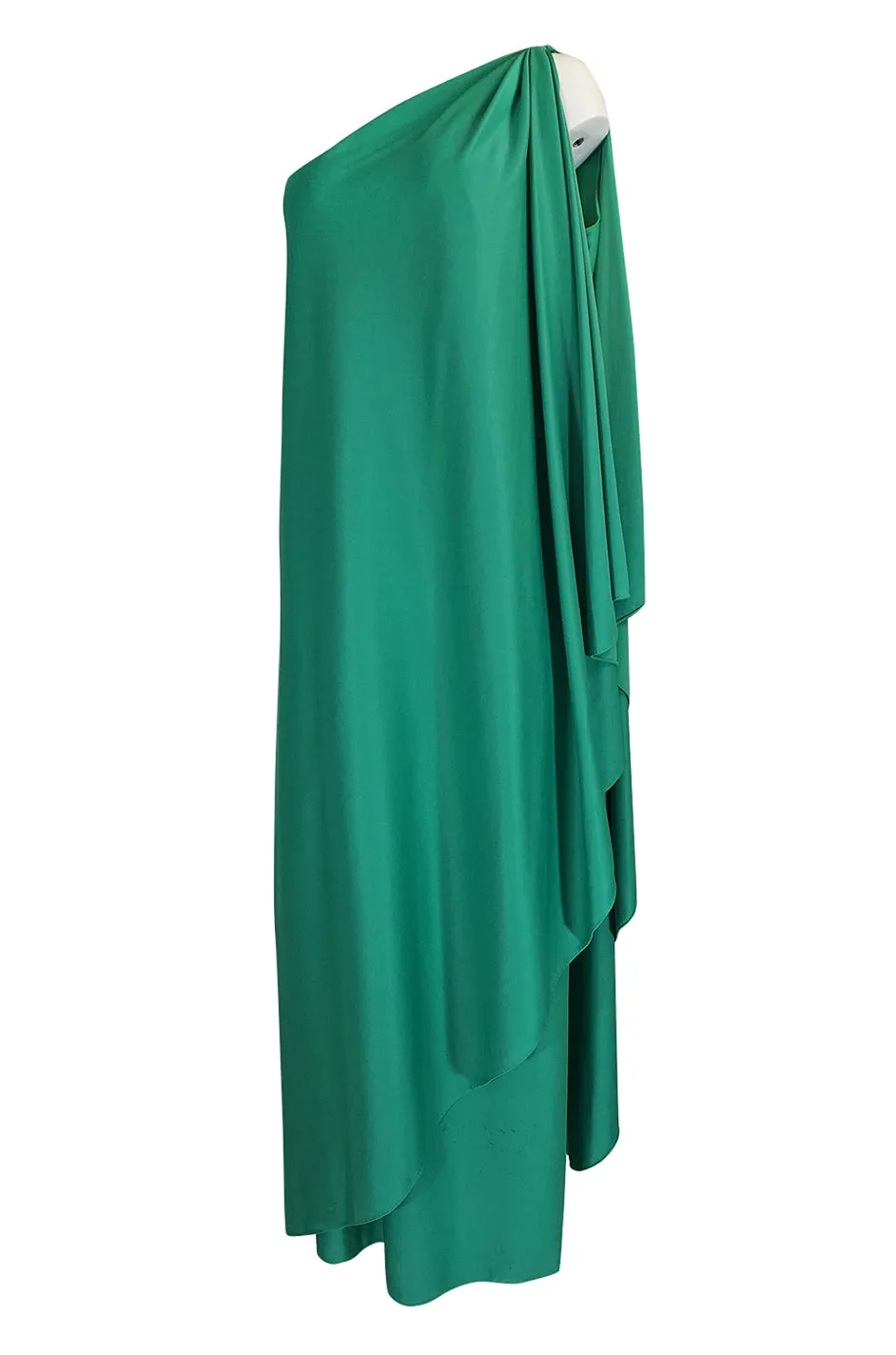 1970s Halston One Shoulder Green Draped Jersey Dress