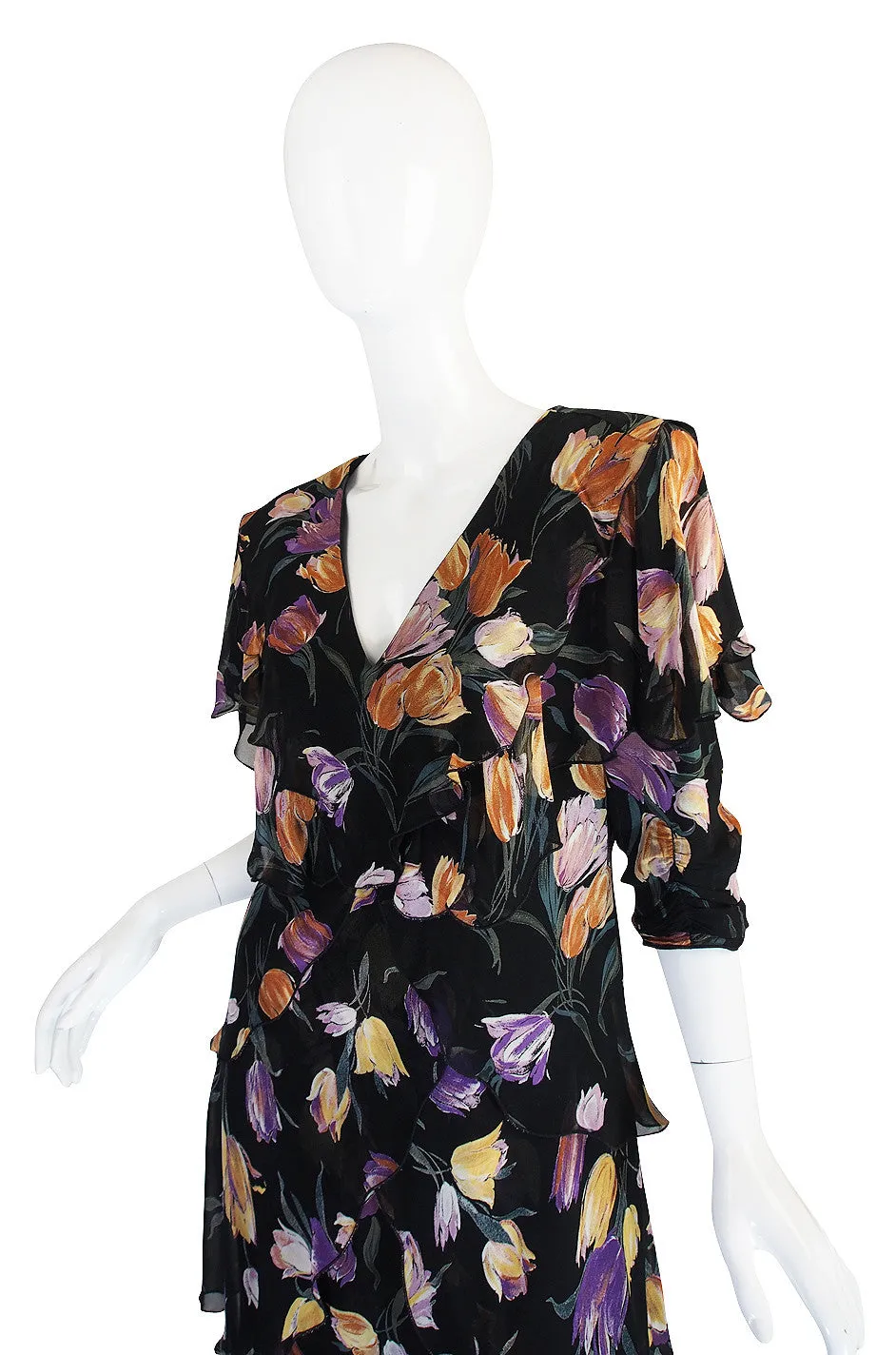 1970s Holly Harp Tiered Silk Print Dress
