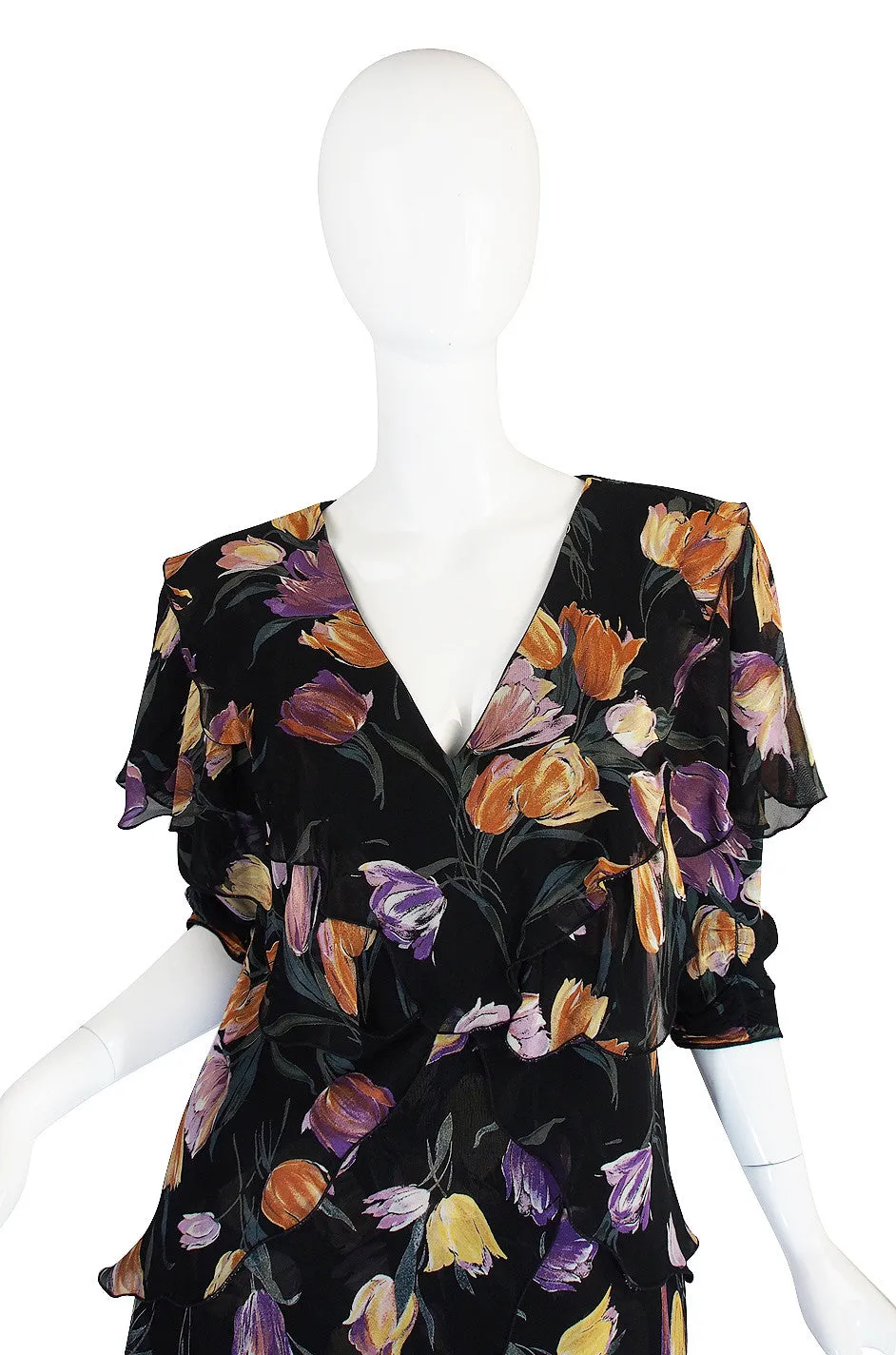 1970s Holly Harp Tiered Silk Print Dress