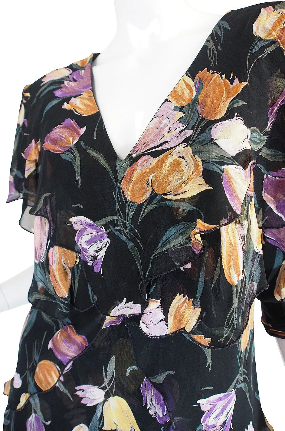 1970s Holly Harp Tiered Silk Print Dress