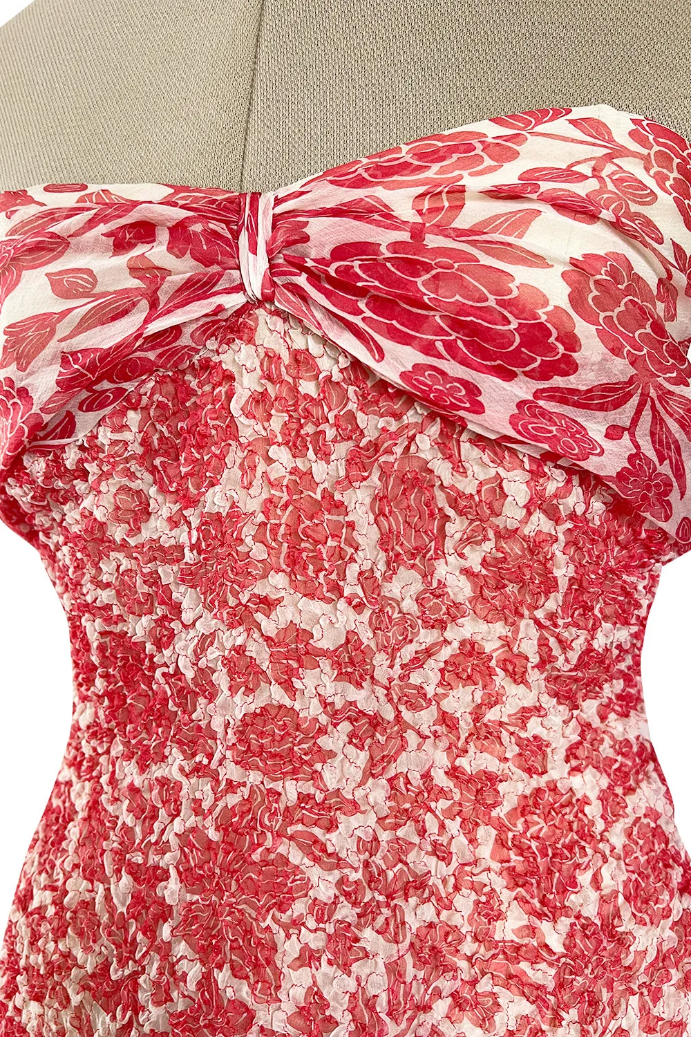 1982 Guy Laroche Haute Couture Floral Print Silk Chiffon Strapless & Caped Back Dress