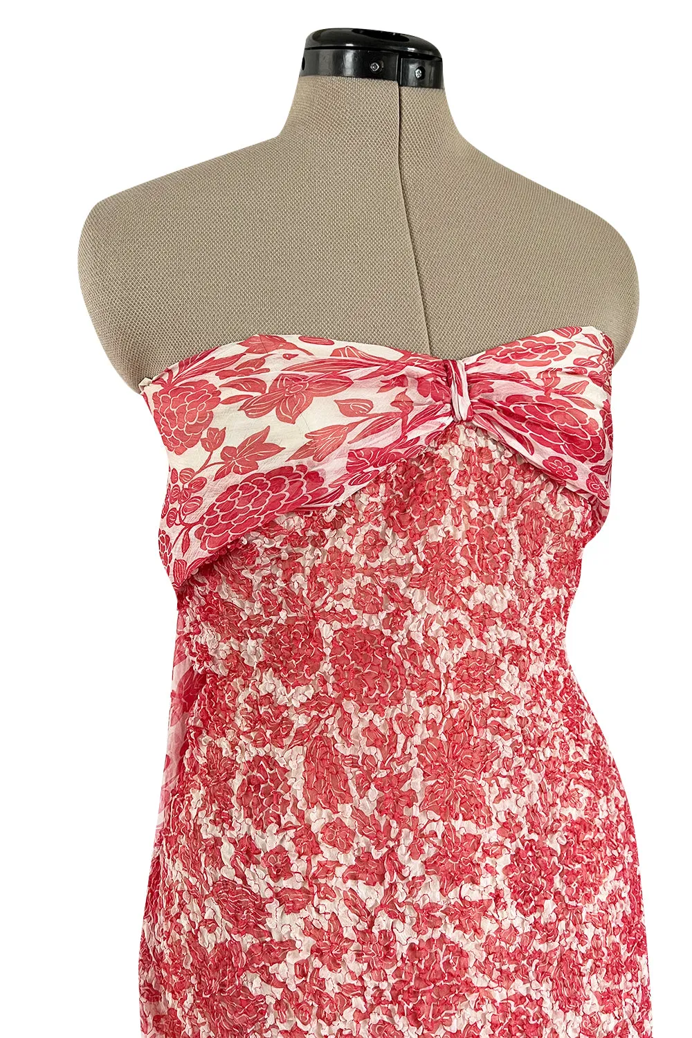 1982 Guy Laroche Haute Couture Floral Print Silk Chiffon Strapless & Caped Back Dress