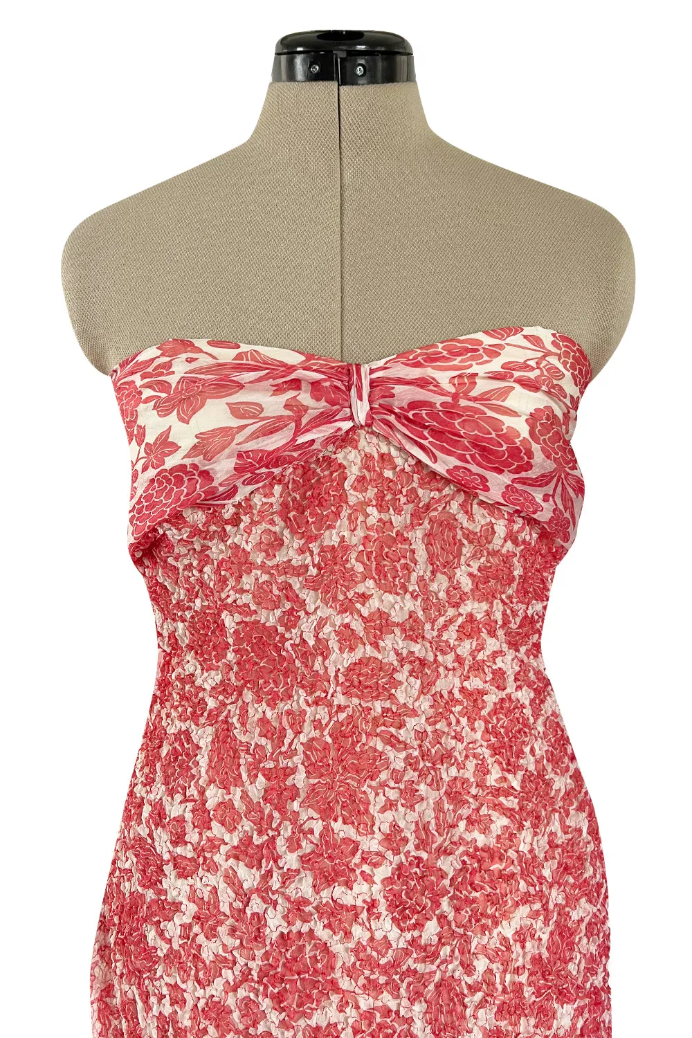 1982 Guy Laroche Haute Couture Floral Print Silk Chiffon Strapless & Caped Back Dress
