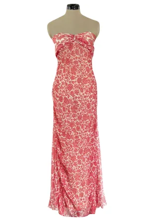 1982 Guy Laroche Haute Couture Floral Print Silk Chiffon Strapless & Caped Back Dress
