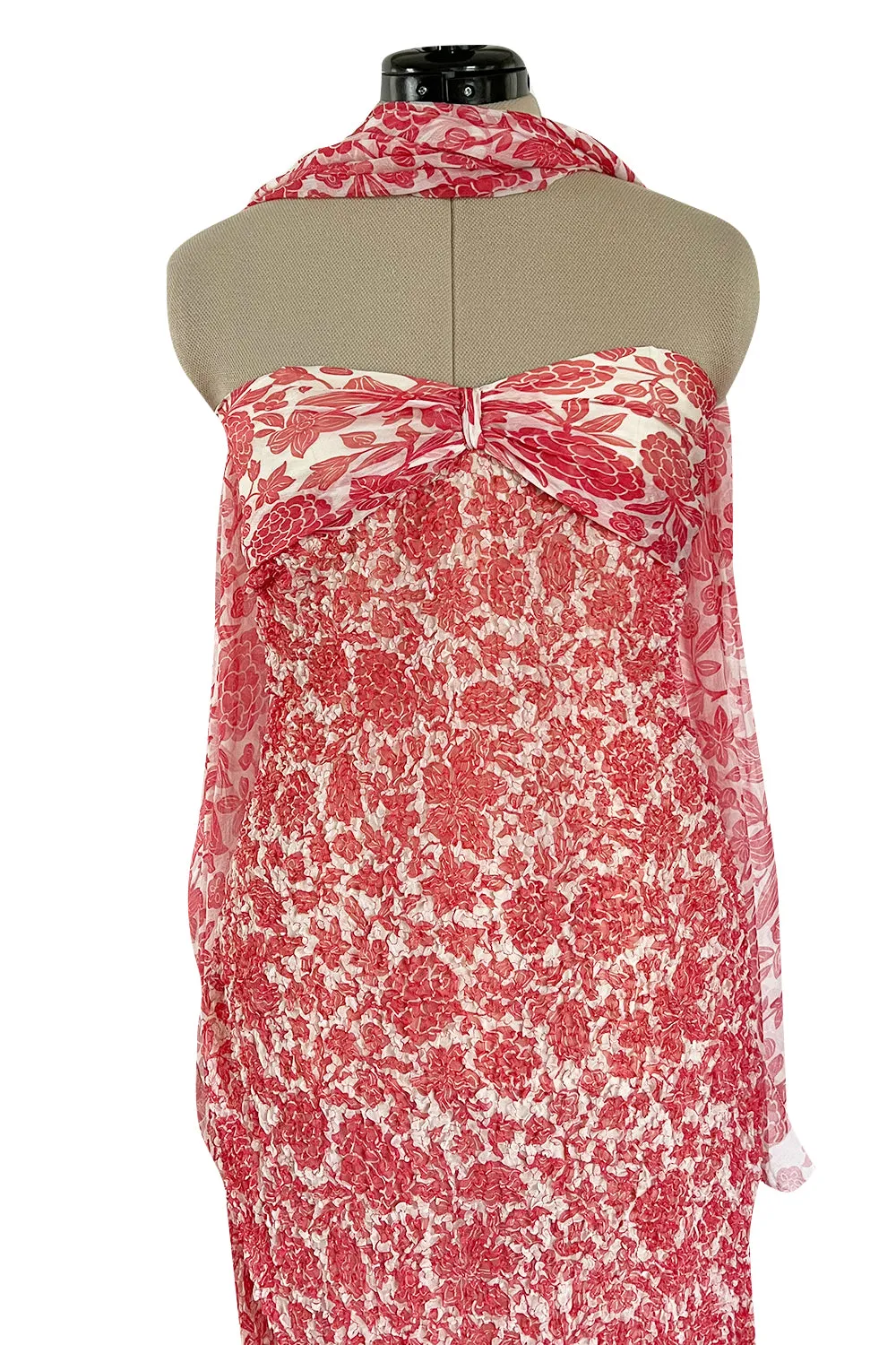 1982 Guy Laroche Haute Couture Floral Print Silk Chiffon Strapless & Caped Back Dress