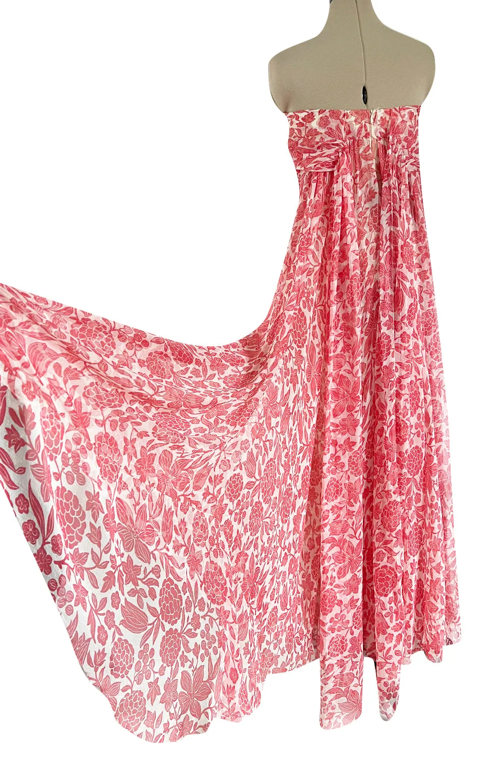 1982 Guy Laroche Haute Couture Floral Print Silk Chiffon Strapless & Caped Back Dress