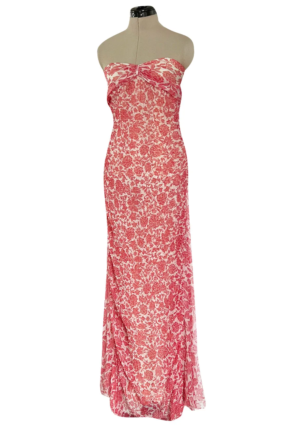 1982 Guy Laroche Haute Couture Floral Print Silk Chiffon Strapless & Caped Back Dress