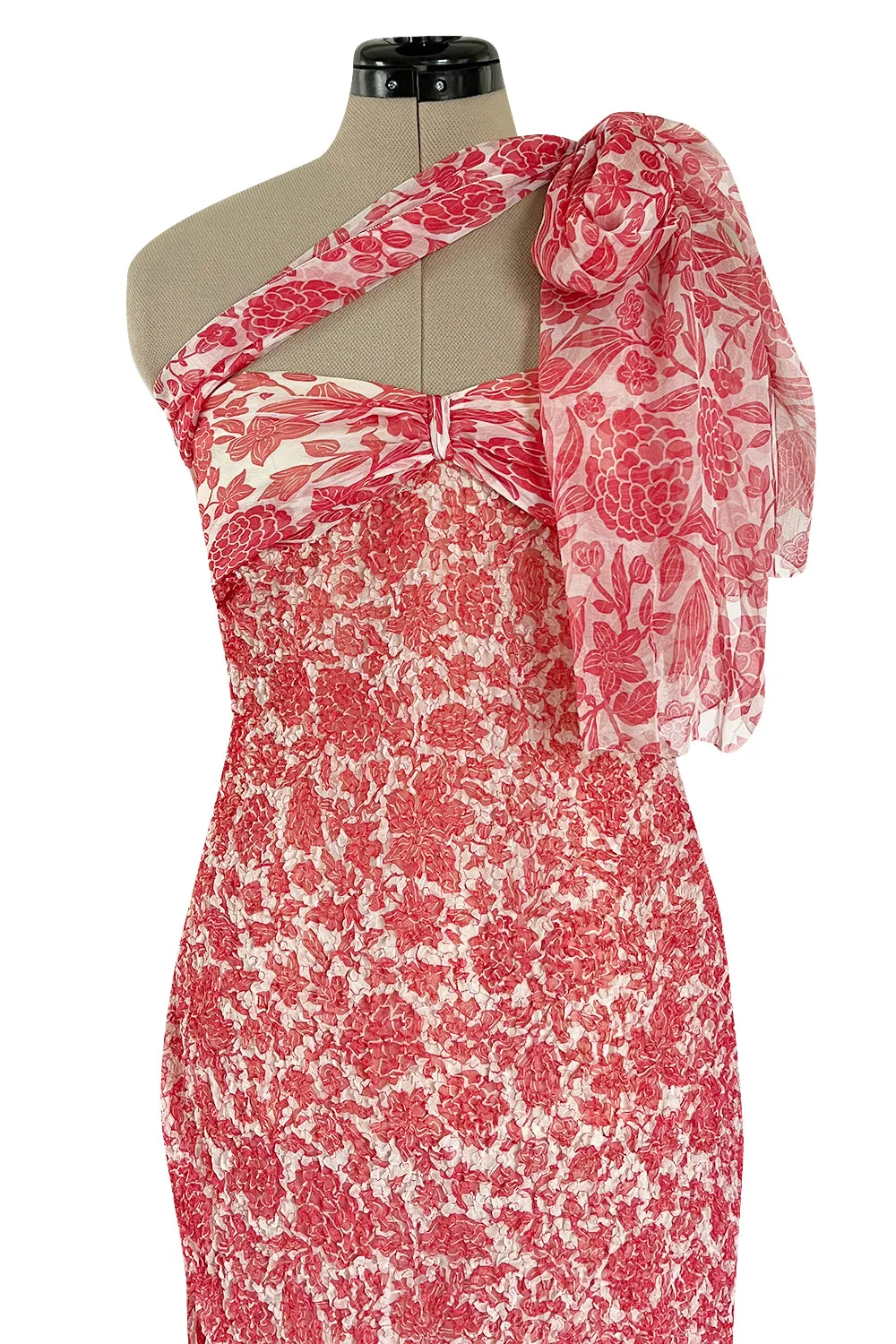 1982 Guy Laroche Haute Couture Floral Print Silk Chiffon Strapless & Caped Back Dress
