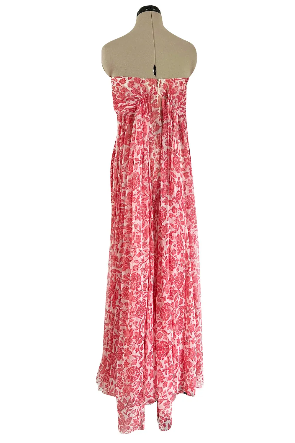1982 Guy Laroche Haute Couture Floral Print Silk Chiffon Strapless & Caped Back Dress