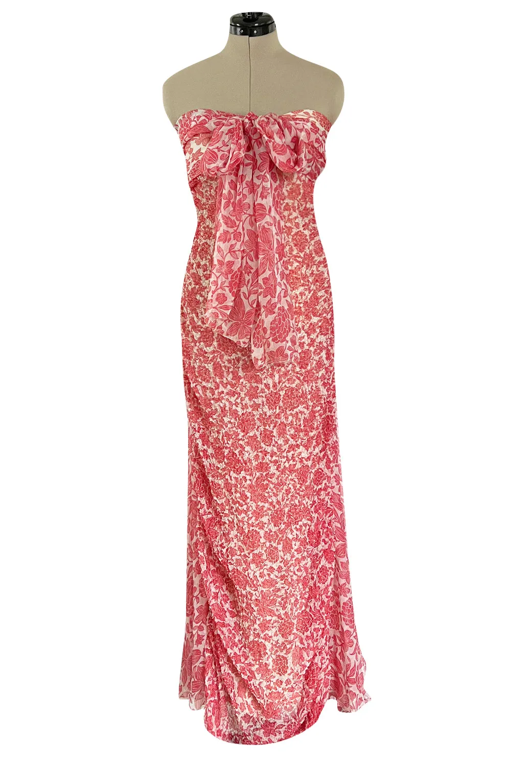 1982 Guy Laroche Haute Couture Floral Print Silk Chiffon Strapless & Caped Back Dress