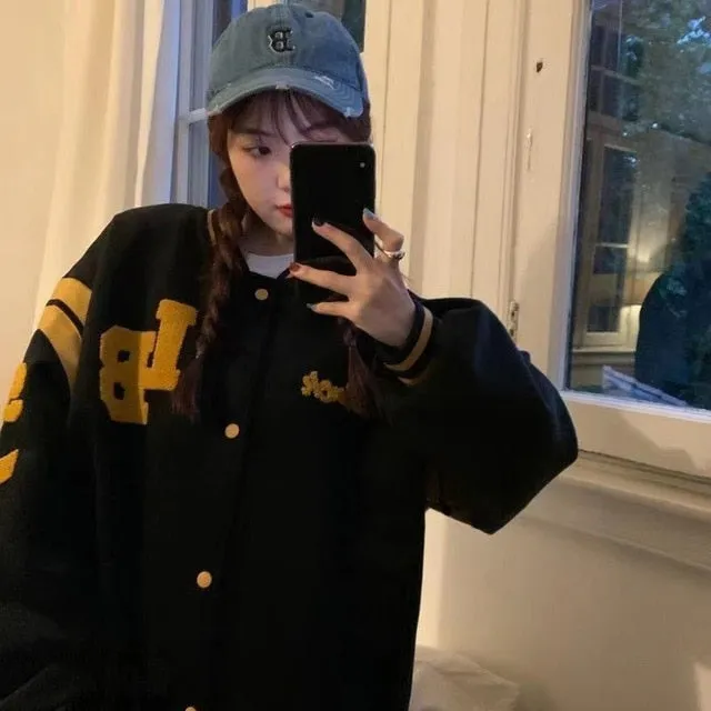 2021 spring and autumn new loose baseball uniform mid length jacket