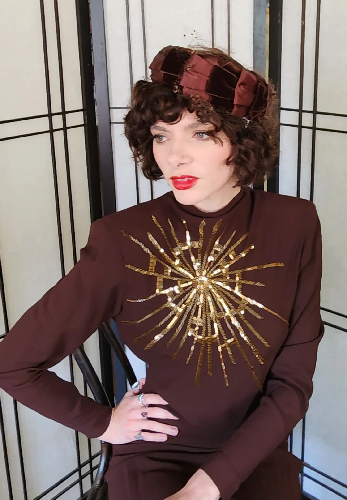 40s Skirt Suit Brown Rayon Gold Sequined Top Sunburst Star Fred A Block