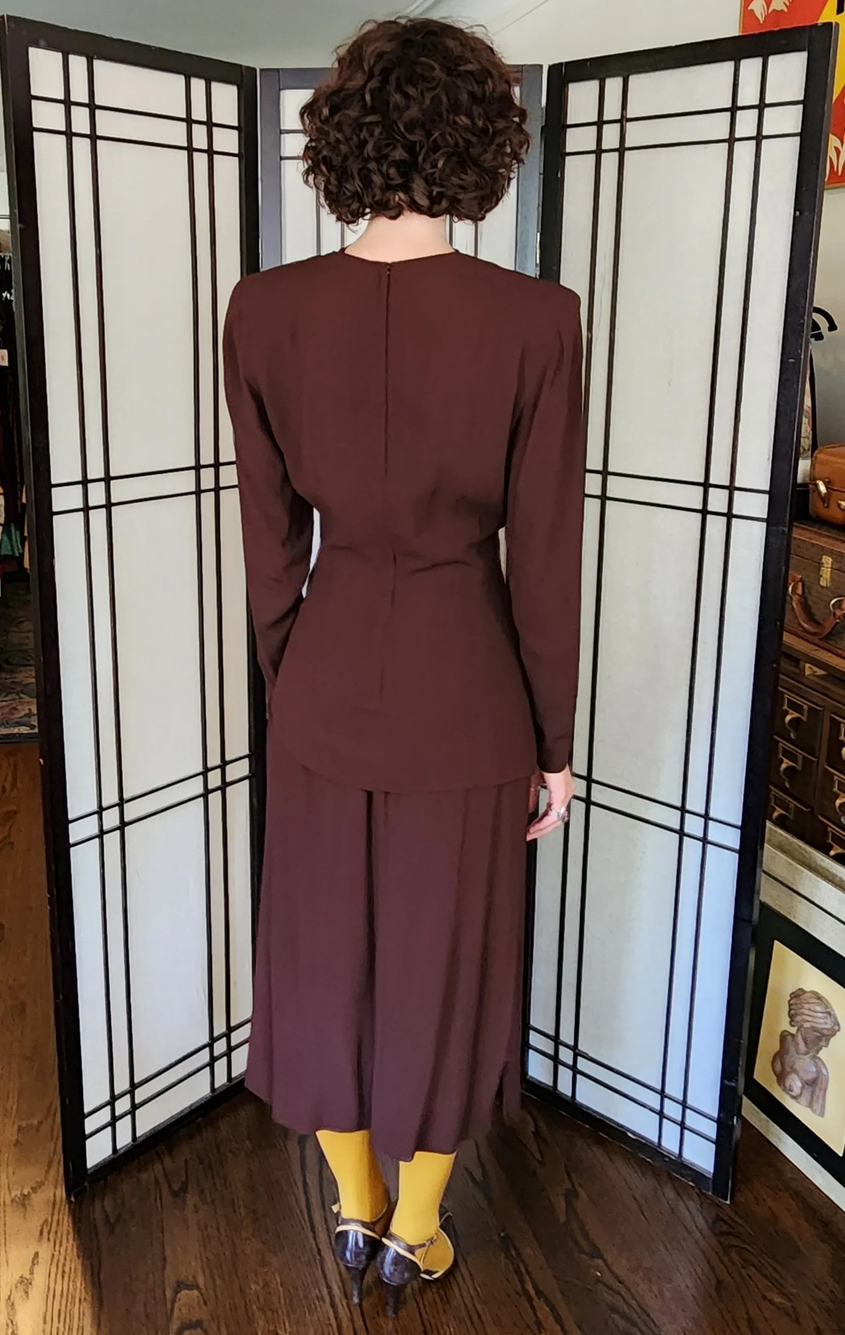 40s Skirt Suit Brown Rayon Gold Sequined Top Sunburst Star Fred A Block