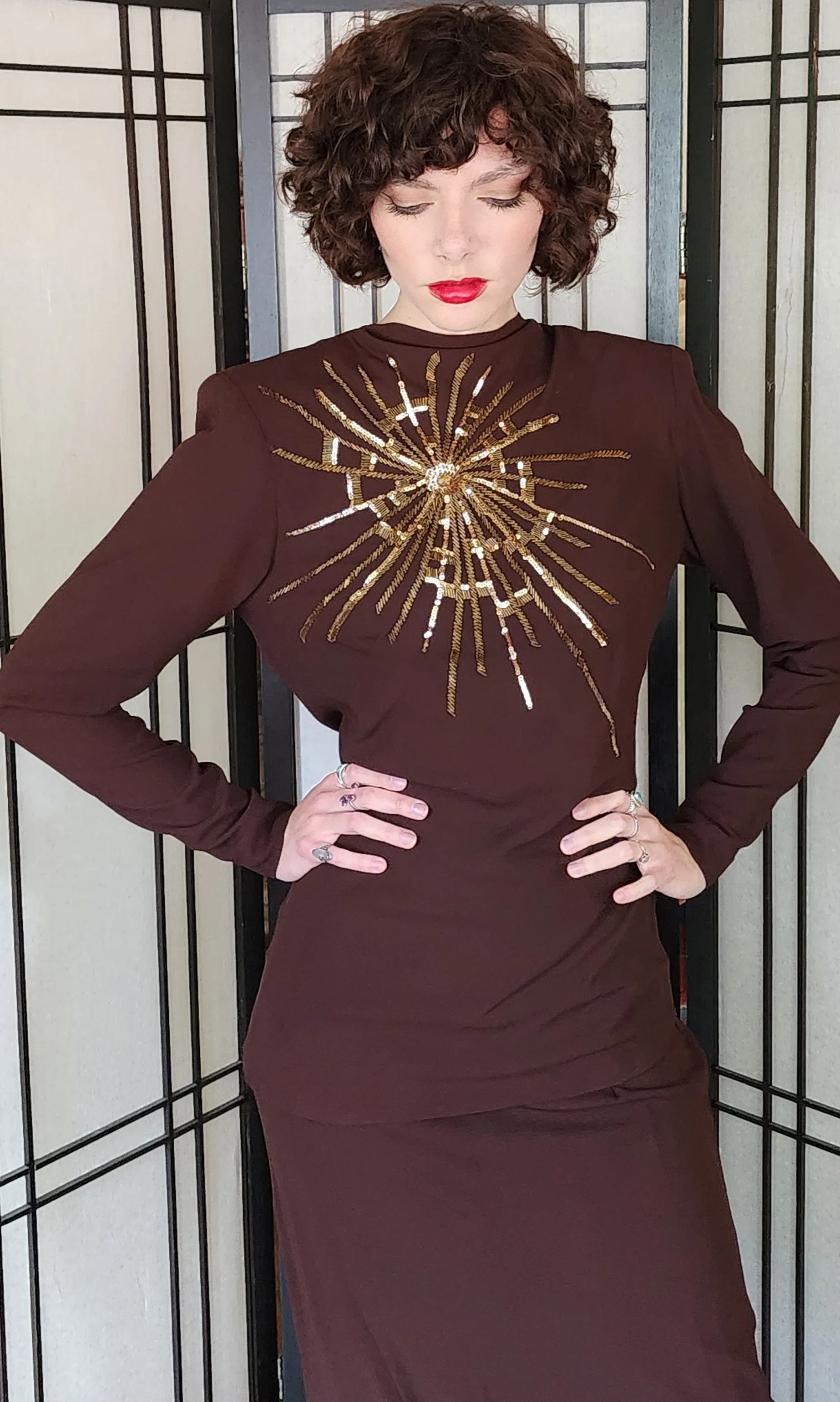 40s Skirt Suit Brown Rayon Gold Sequined Top Sunburst Star Fred A Block