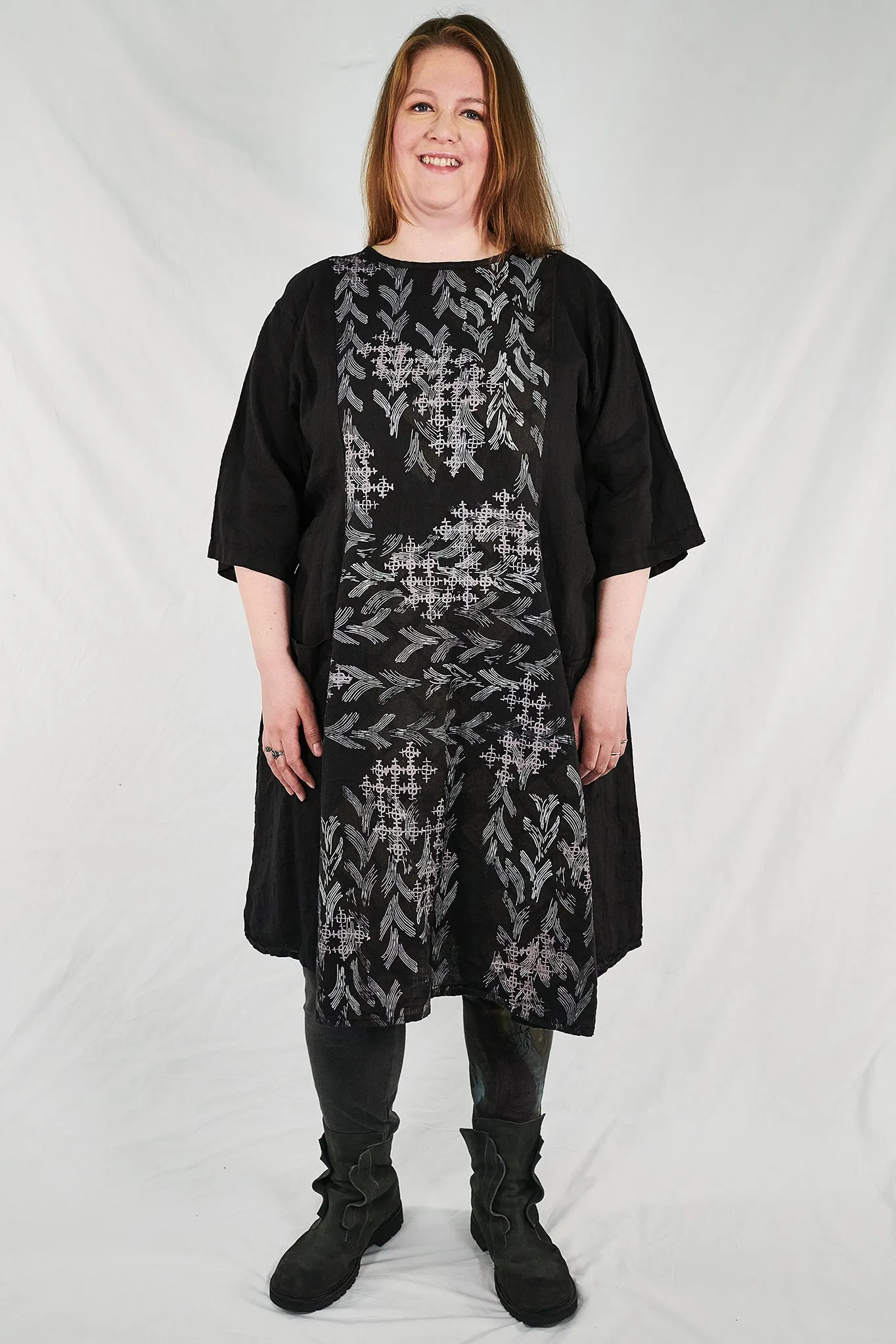 7212  Beautiful Day Linen Dress-Black-Serape Stitches -P