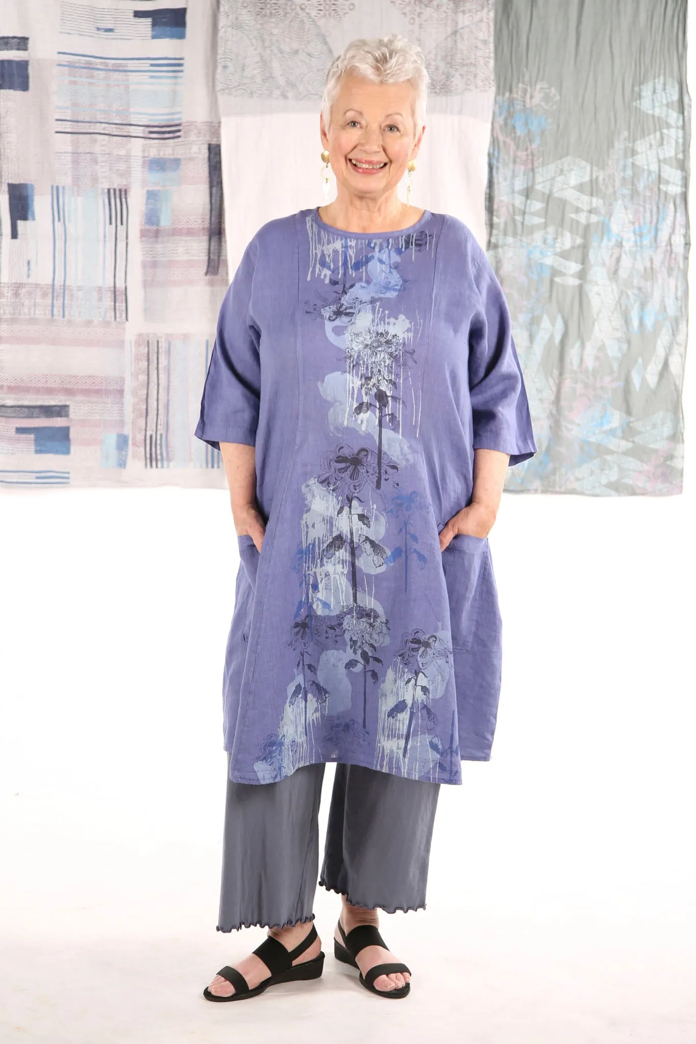 7212 Linen Beautiful Days Dress-Dark Periwinkle-P-wildflower/clouds