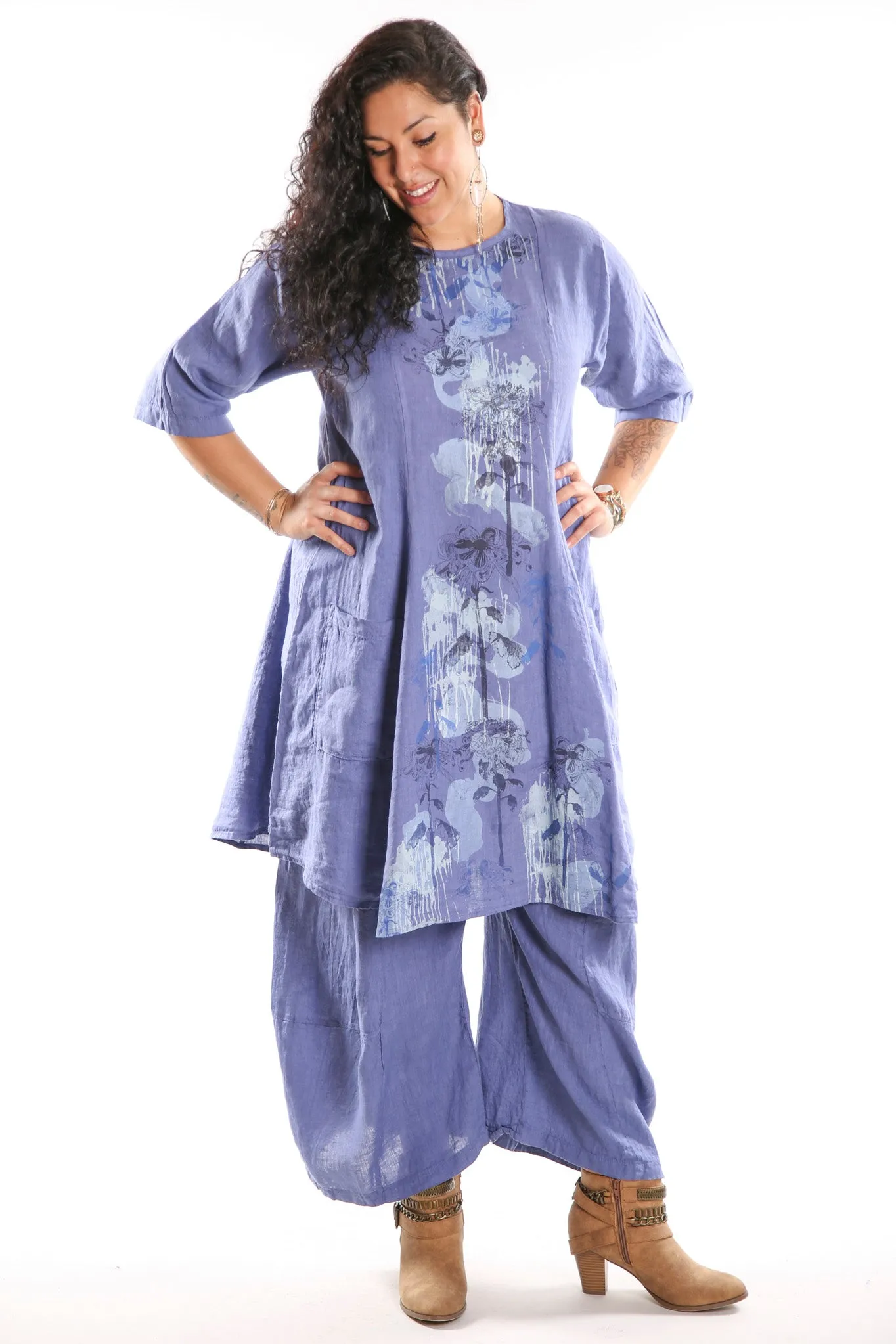 7212 Linen Beautiful Days Dress-Dark Periwinkle-P-wildflower/clouds