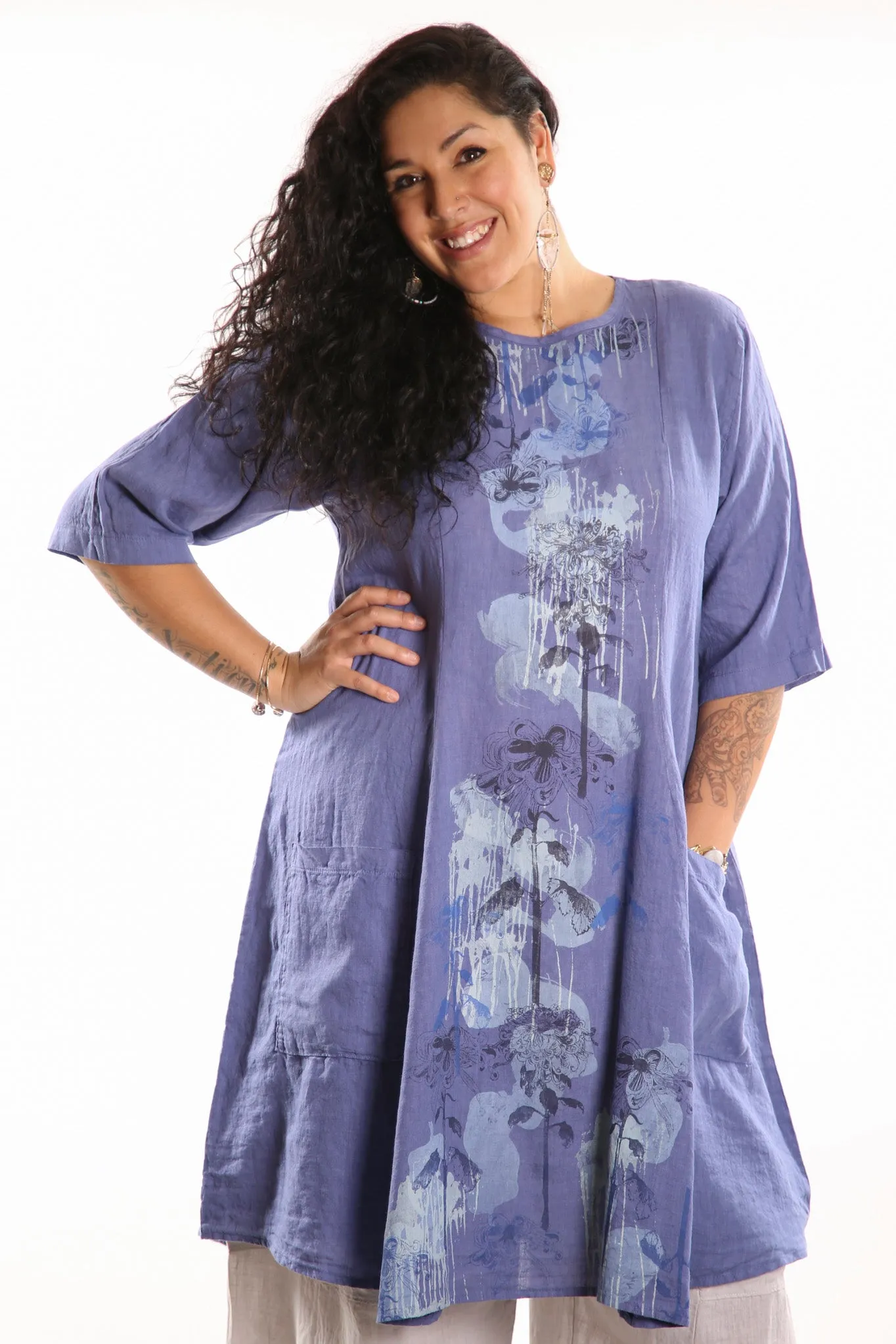 7212 Linen Beautiful Days Dress-Dark Periwinkle-P-wildflower/clouds