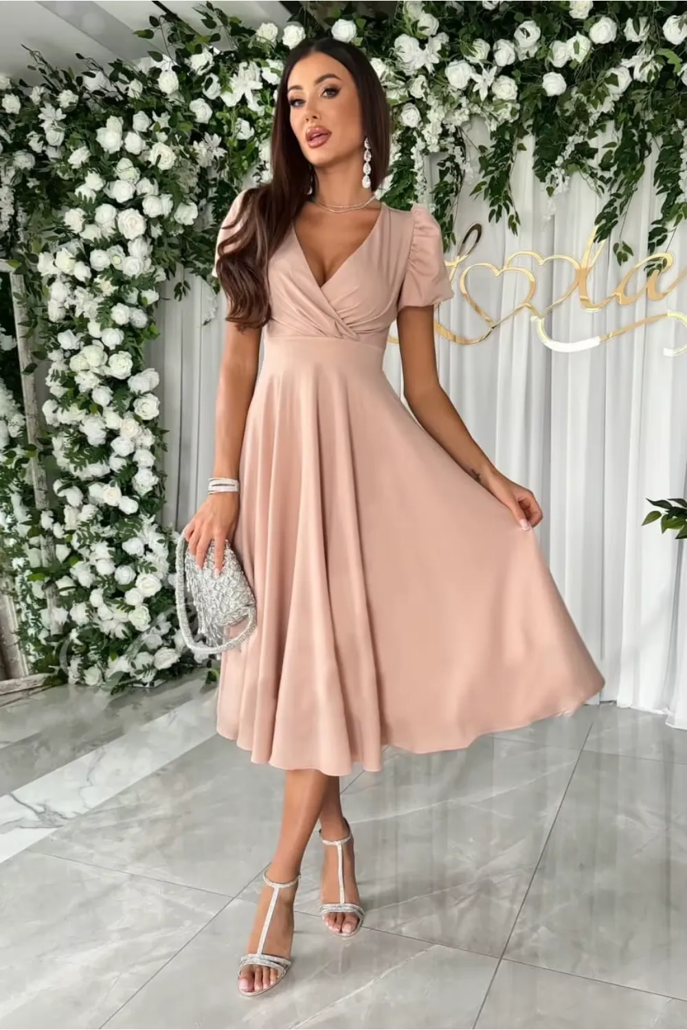 Anika - Elegant V-Neck Midi Dress for Weddings and Special Occasions