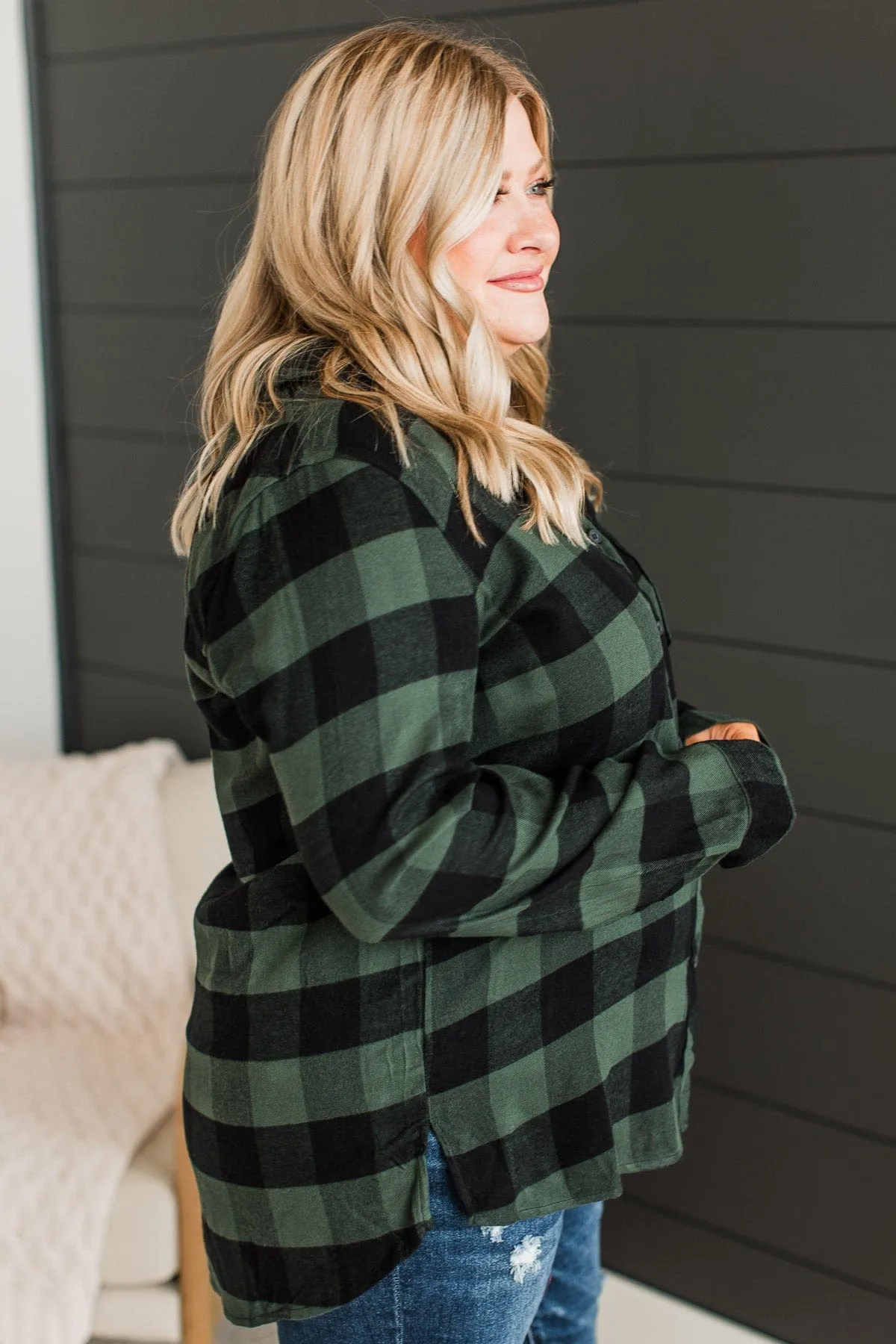 As You Were Plaid Button Top- Hunter Green