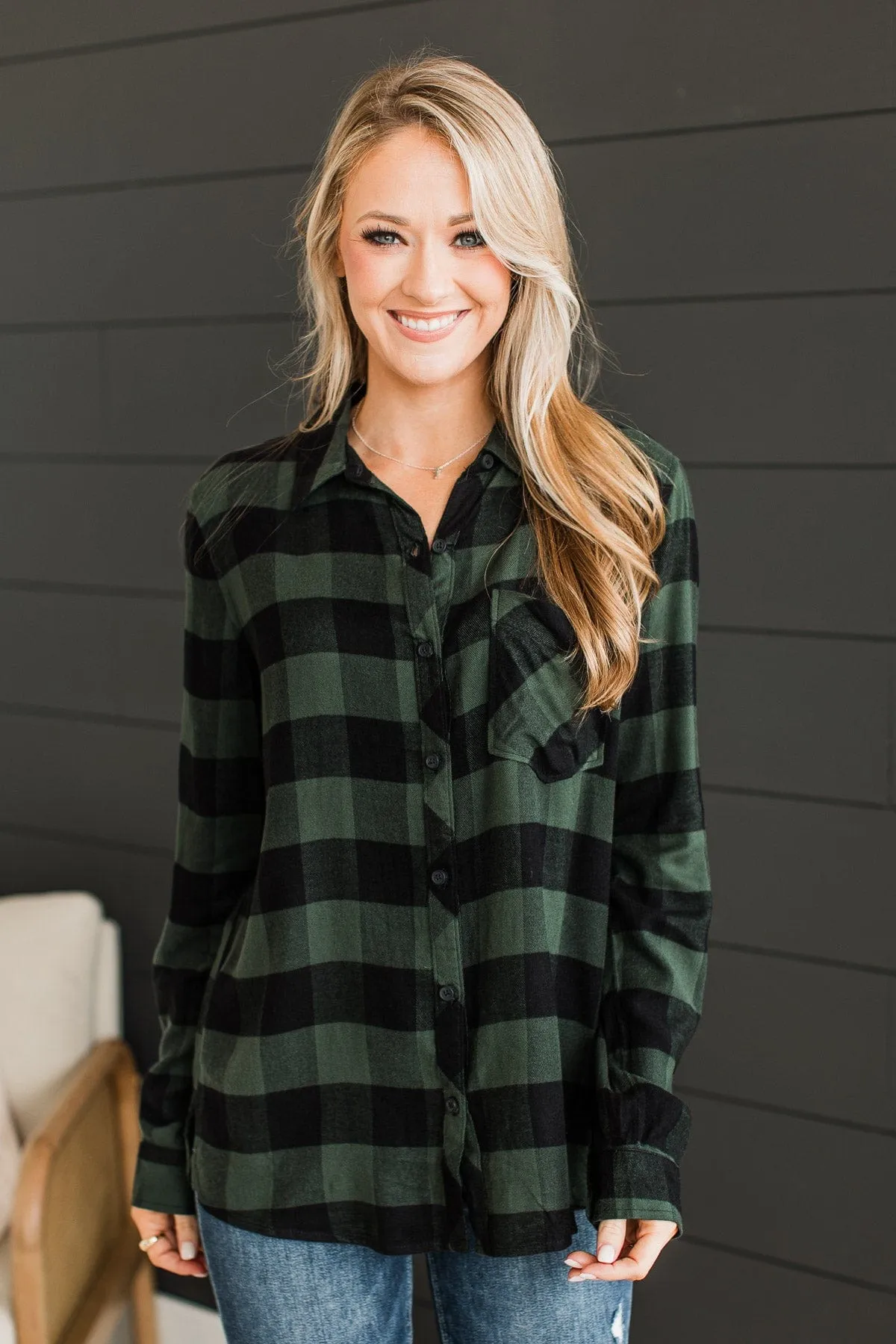 As You Were Plaid Button Top- Hunter Green