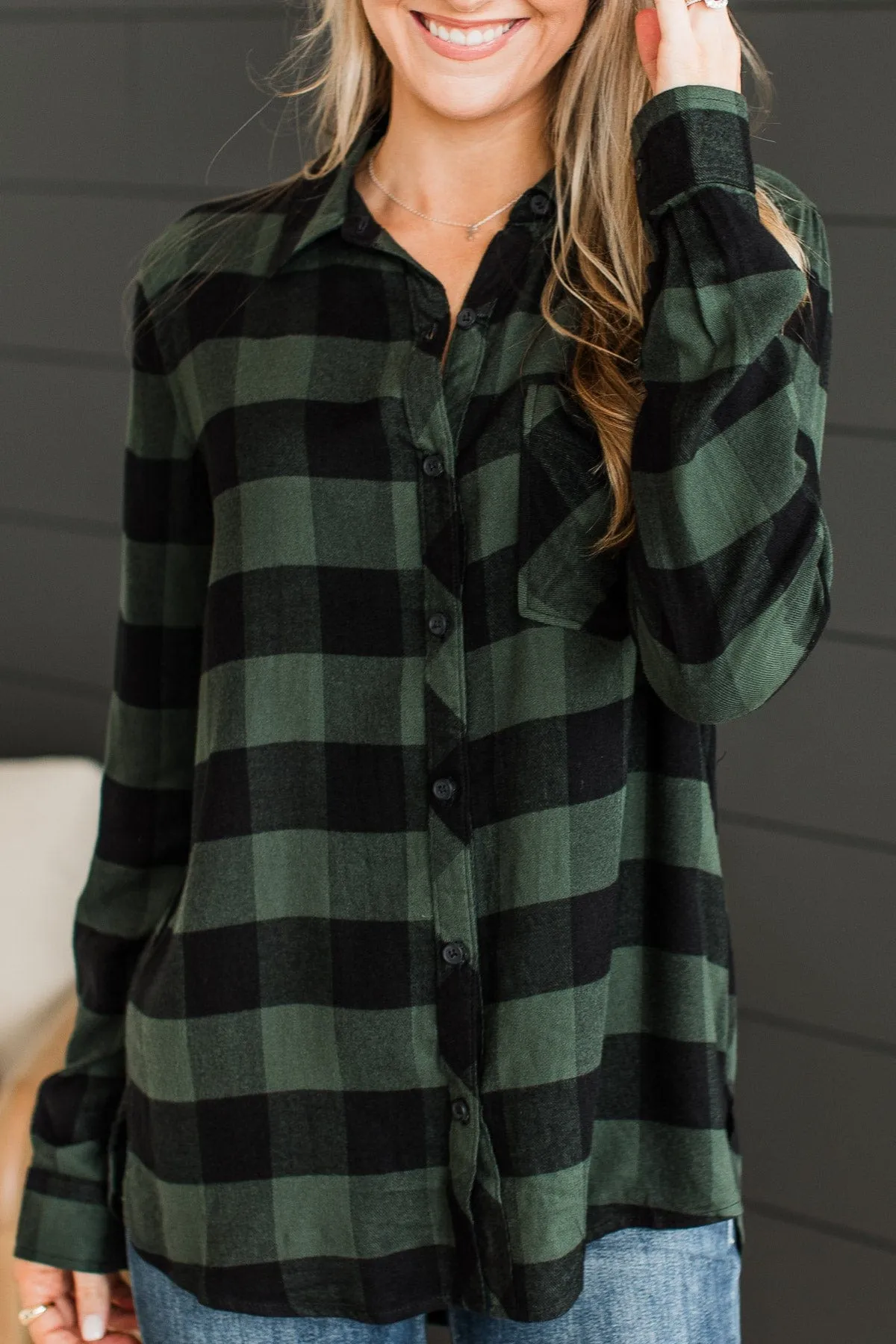 As You Were Plaid Button Top- Hunter Green