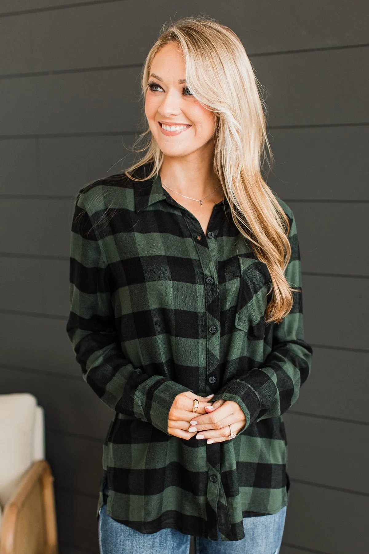 As You Were Plaid Button Top- Hunter Green