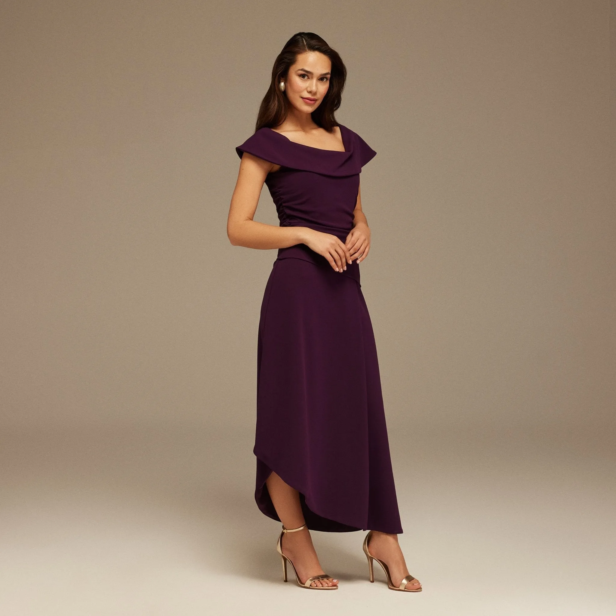 Asymmetric Off-Shoulder Draped Midi Dress