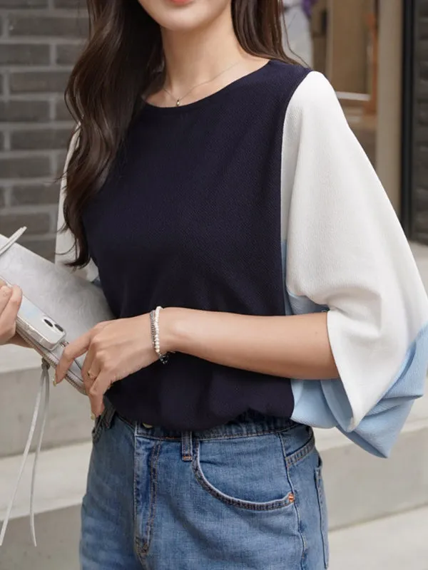 Batwing Sleeves Half Sleeves Contrast Color Round-Neck Blouses&Shirts Tops