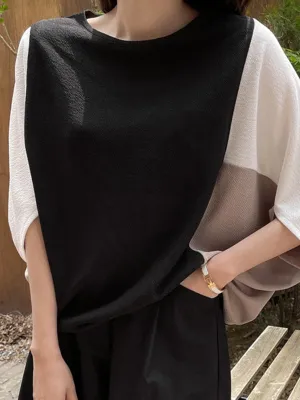 Batwing Sleeves Half Sleeves Contrast Color Round-Neck Blouses&Shirts Tops