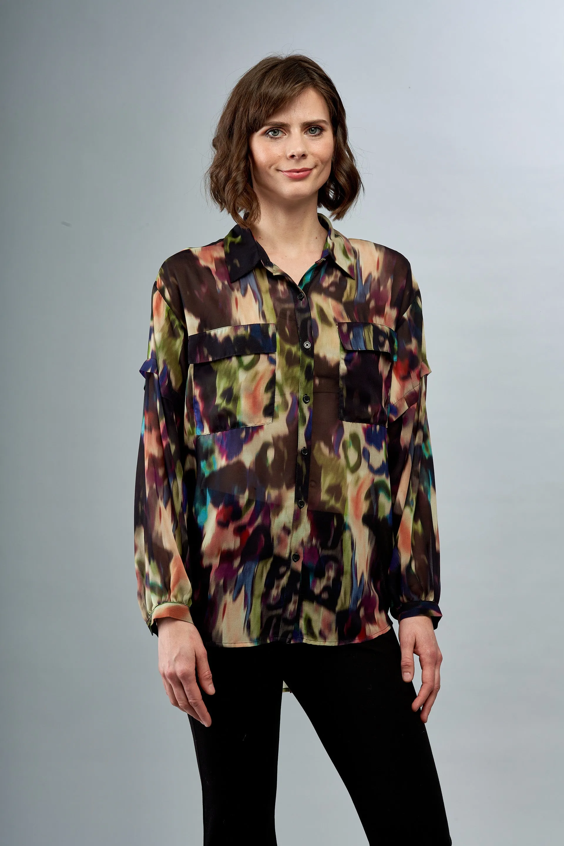 BCT6718 Georgette Long Sleeve Button Down Blouse with Front Pockets in Southern Lights