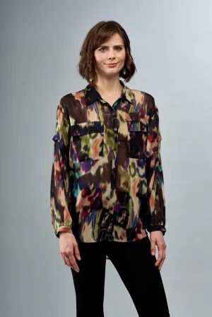 BCT6718 Georgette Long Sleeve Button Down Blouse with Front Pockets in Southern Lights