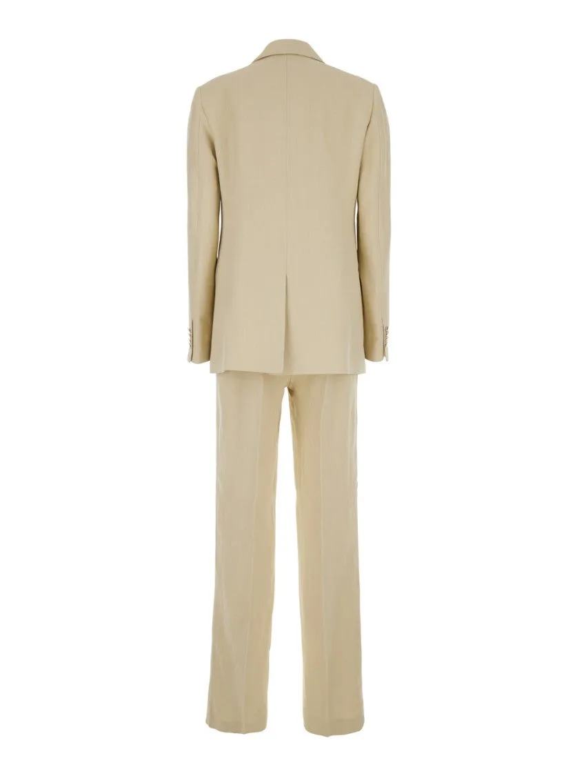 Beige Double-Breasted Suit With Notched Revers