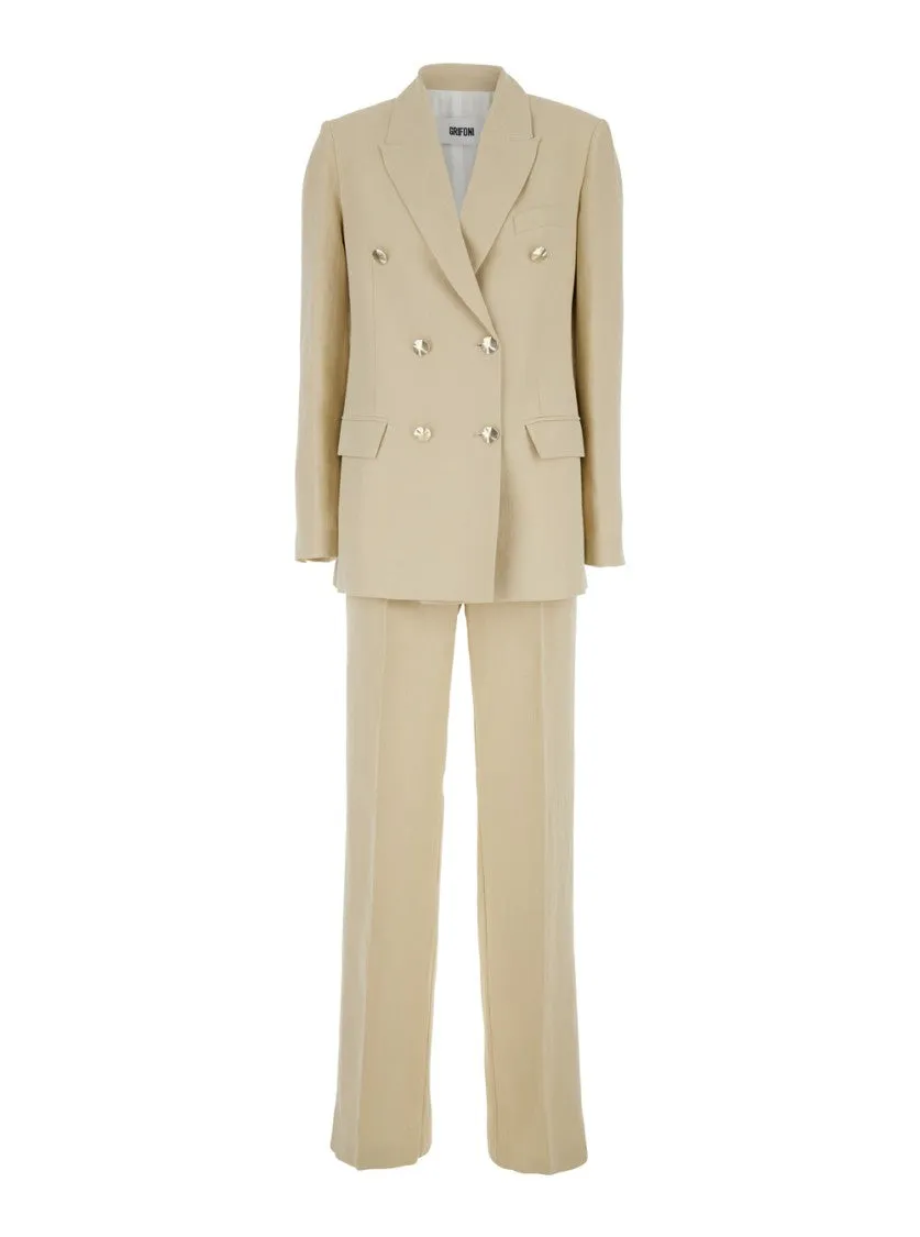 Beige Double-Breasted Suit With Notched Revers