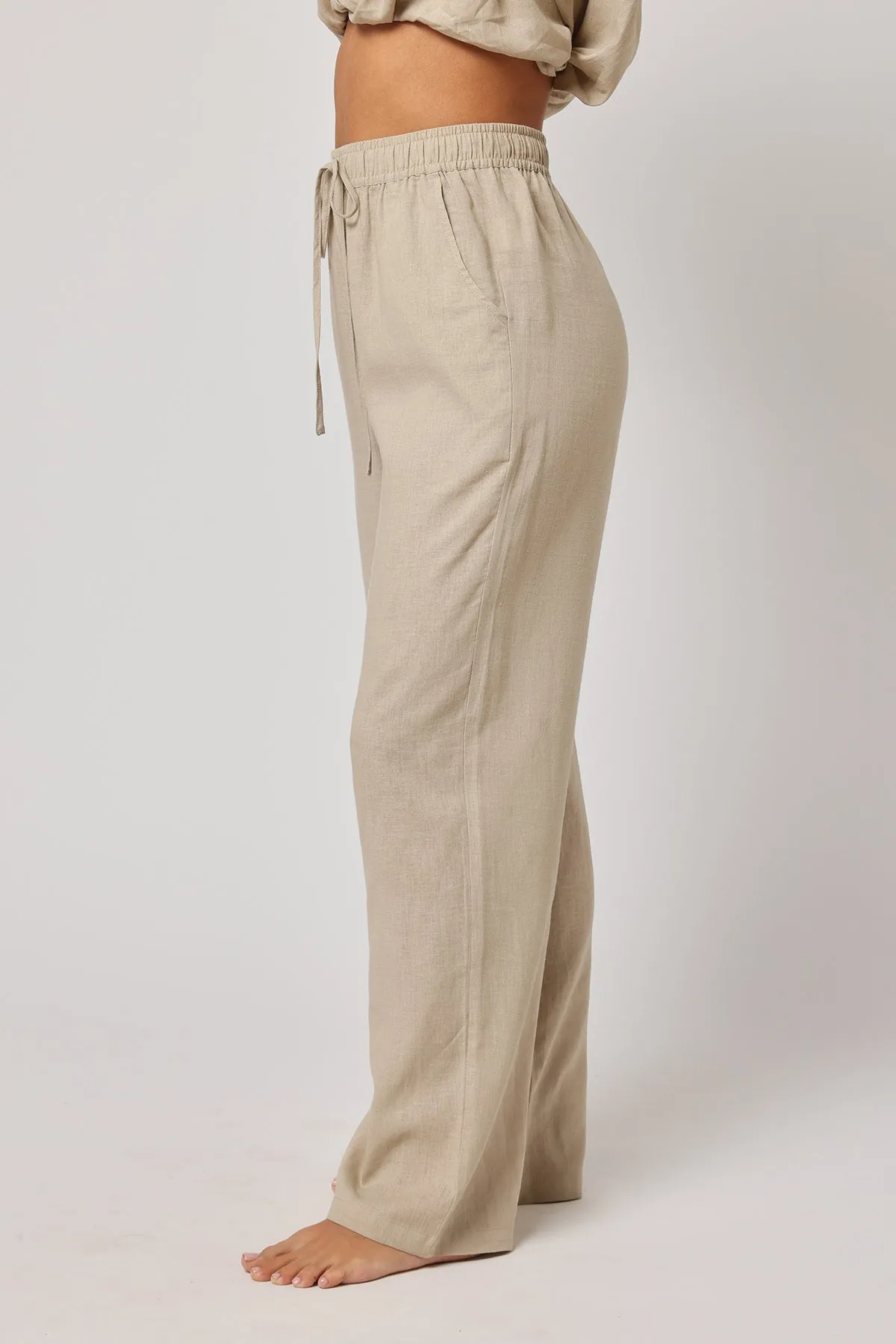 Beige Linen Drawstring Trousers