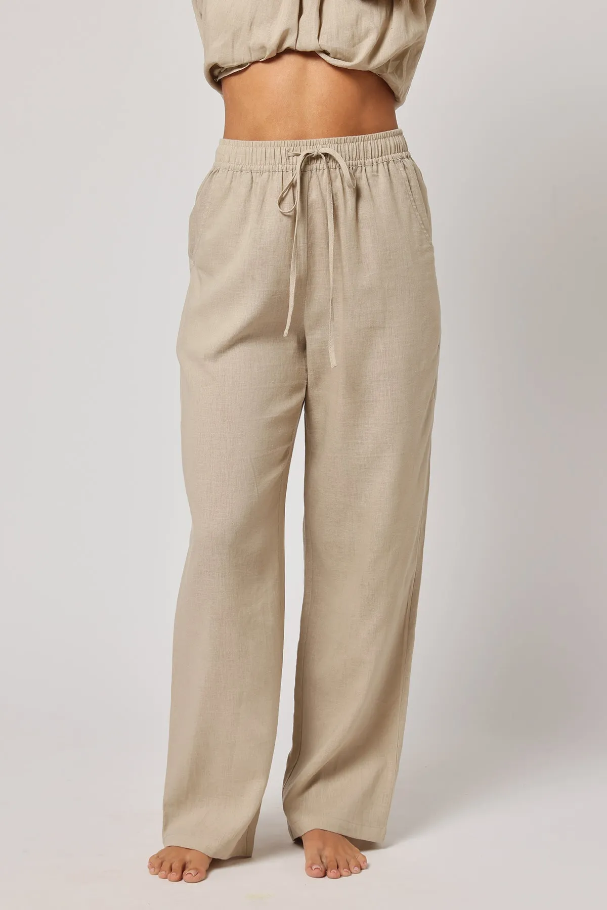 Beige Linen Drawstring Trousers