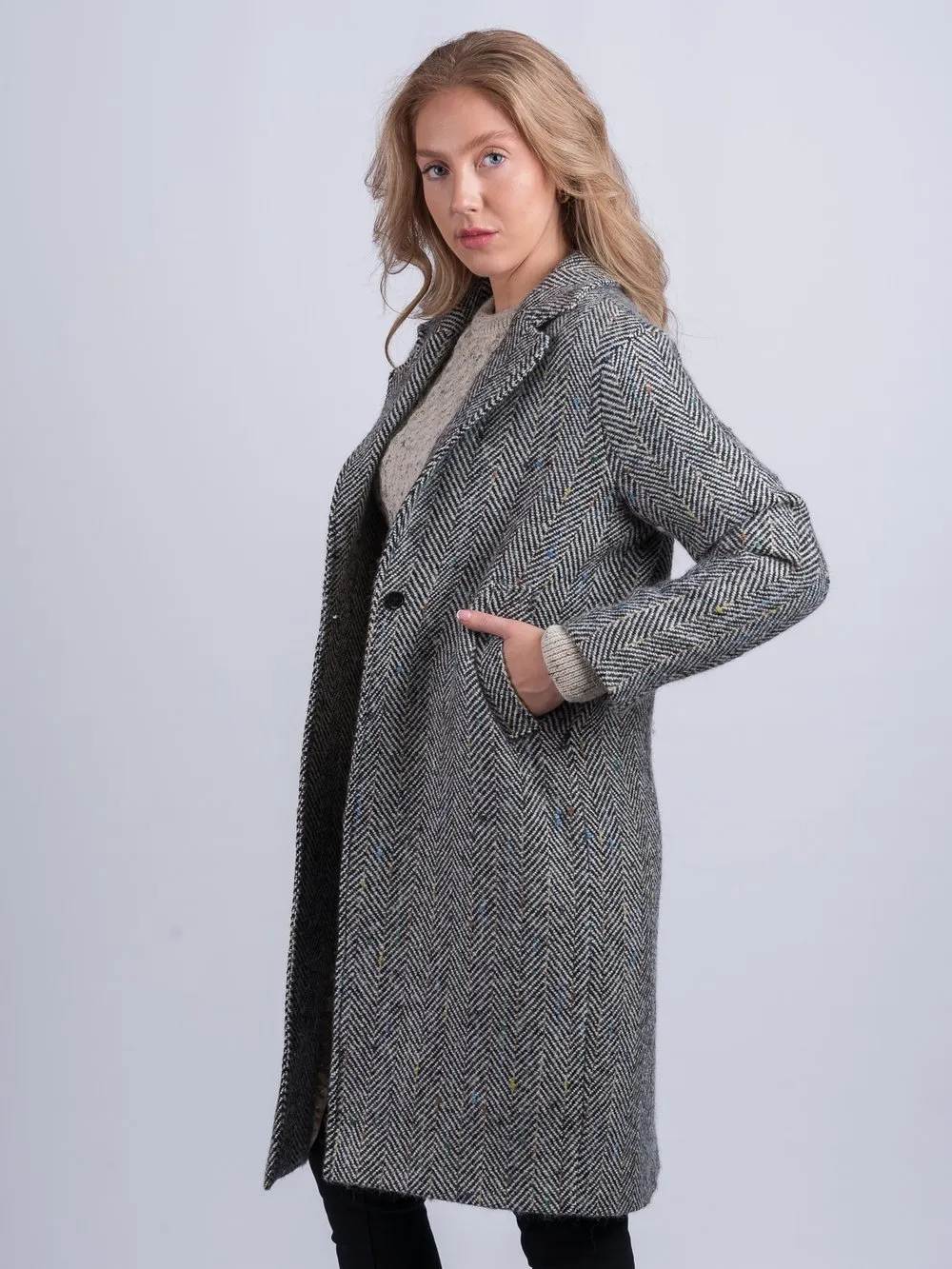 Black and White Herringbone City Coat