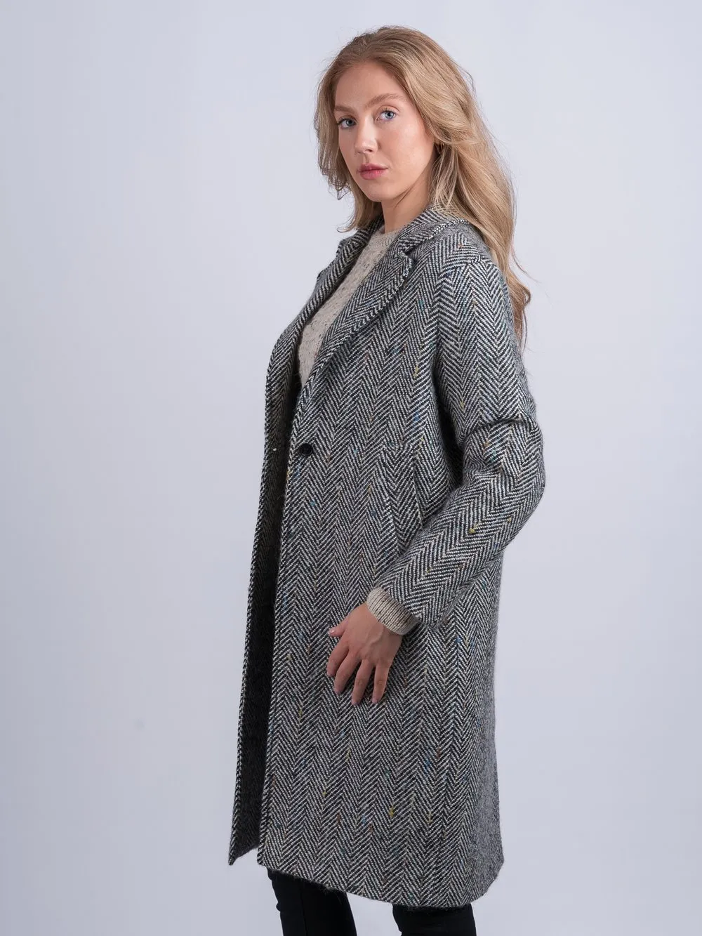 Black and White Herringbone City Coat