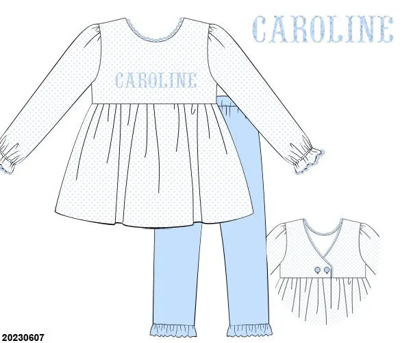 Blue Bitty Dot Embroidered Name Girls Pants Set