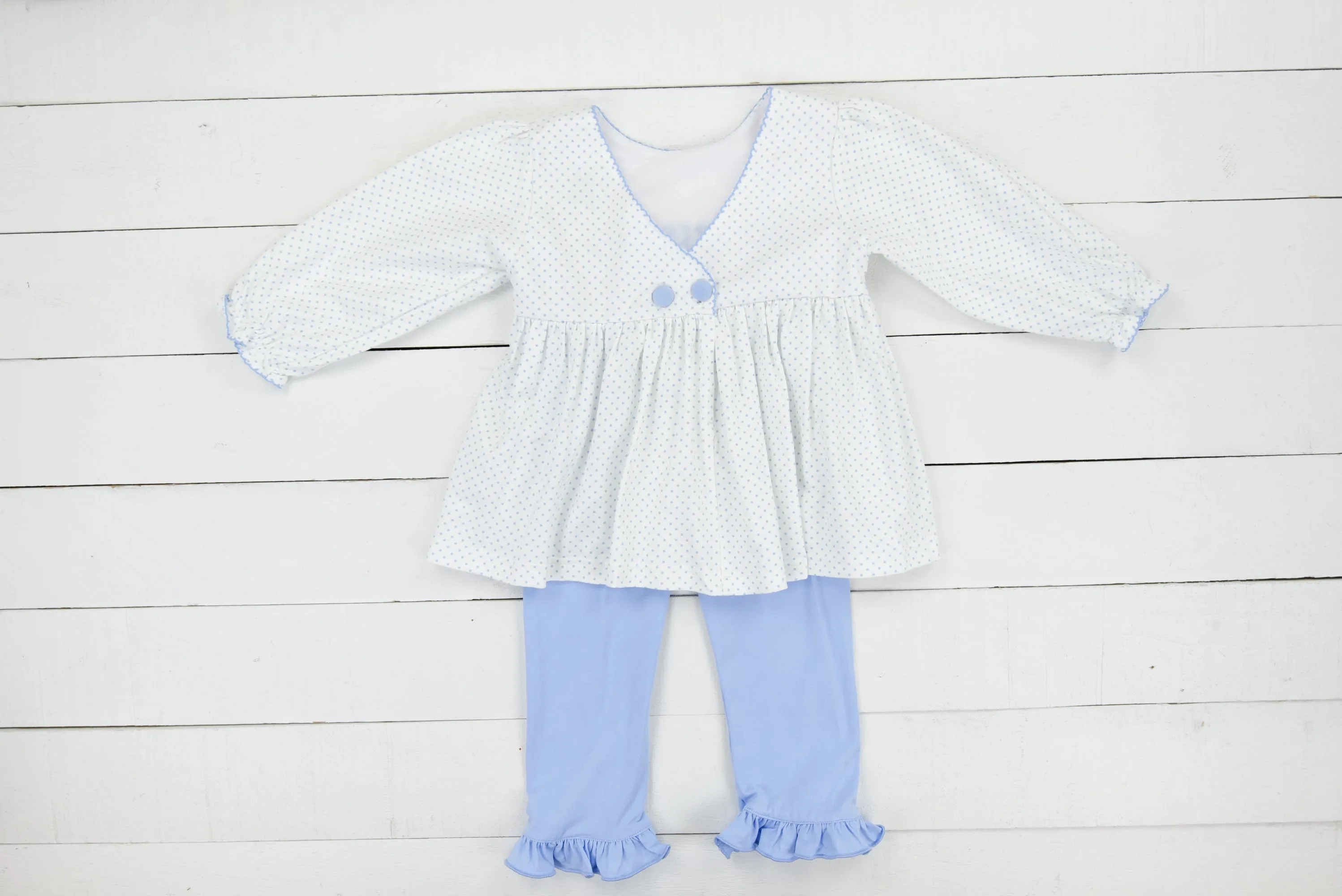Blue Bitty Dot Embroidered Name Girls Pants Set