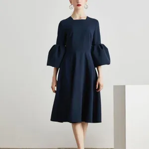 Blue Flare Sleeve Square Collar Tunic High Waist Draped Midi Dress