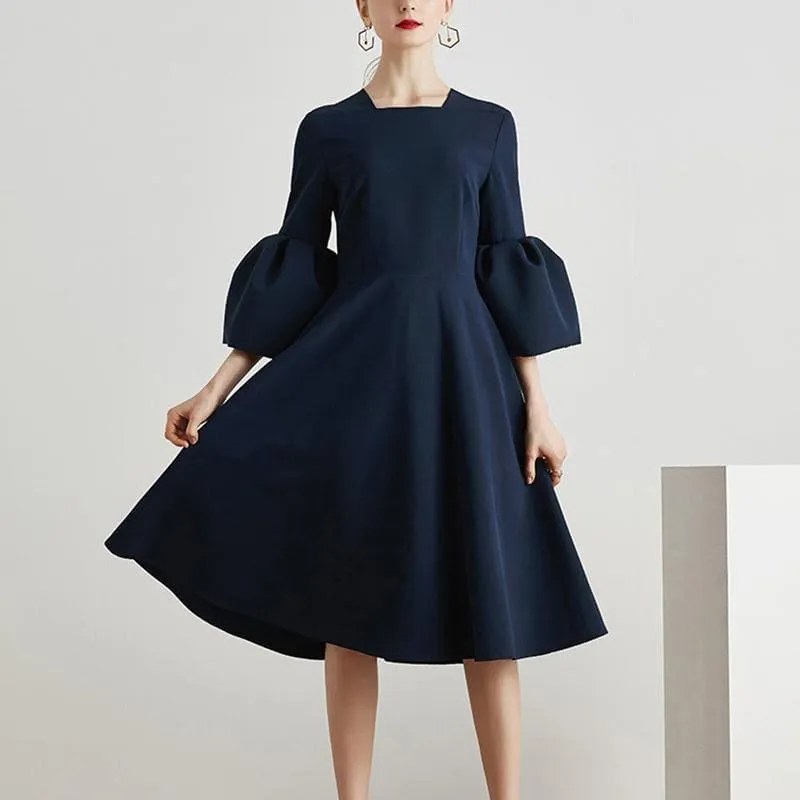Blue Flare Sleeve Square Collar Tunic High Waist Draped Midi Dress